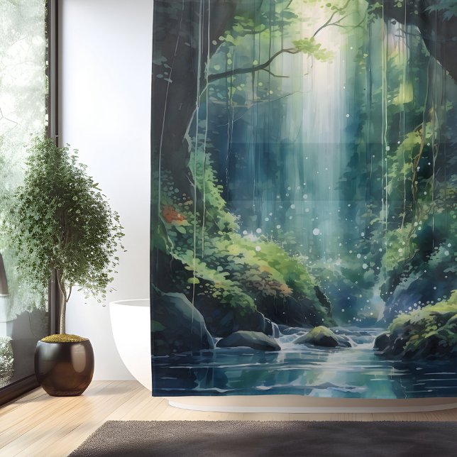 Aquarell-Mystischer-Wald-Wasserfall Duschvorhang (Von Creator hochgeladen)