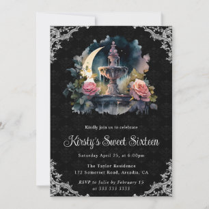 Aquarell-Nacht-Blumenbrunnen Sweet Sixteen Einladung