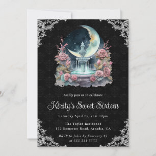 Aquarell-Nacht-Blumenbrunnen Sweet Sixteen Einladung