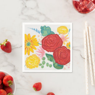 Aquarell-Natur-Rote-Rose-Gelbe-Margerite-Blumen Serviette