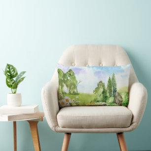 Aquarell-Naturlandschaft und Gänseblümchen Lendenkissen