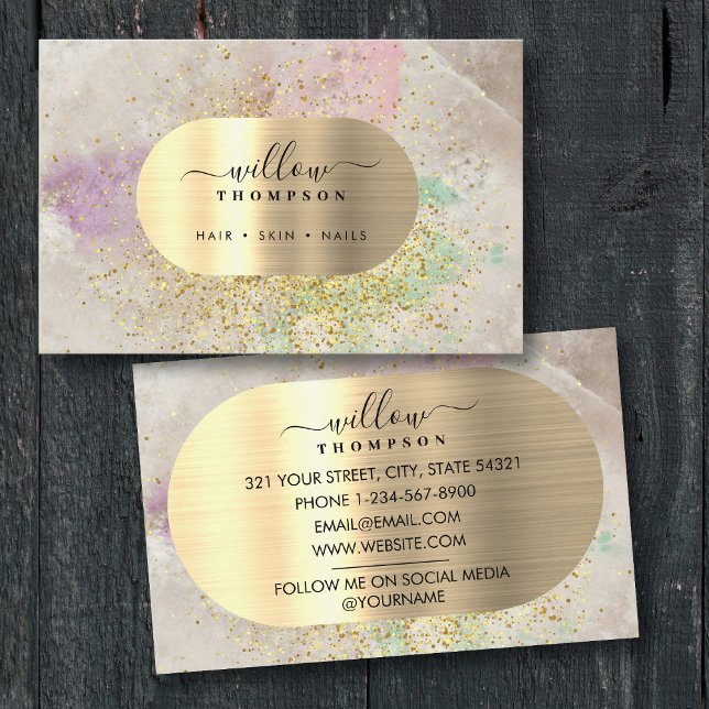 Aquarell & Naturstein Imitate Gold Glitzer Fossili Visitenkarte (Watercolor & Natural Stone Faux Gold Glitter Foil Business Card)