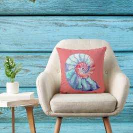Aquarell Nautilus-Muschel in Korallenblau und Grau Kissen
