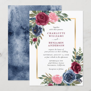 Aquarell Navy Blue Burgundi Gold Floral Einladung