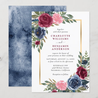 Aquarell Navy Blue Burgundi Gold Floral Einladung