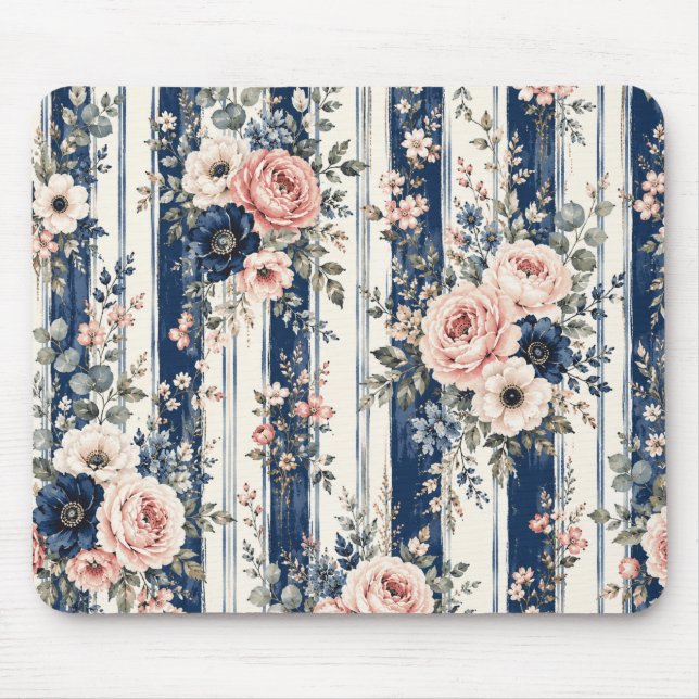 Aquarell-Navy-Blumenstreifenmuster-Design Mousepad (Vorne)