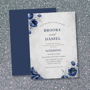 Aquarell Navy-Tulpe Silber Glitter Seide Hochzeit Einladung