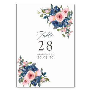 Aquarell-Navy- und Rosé-Blumenhochzeit Tischnummer