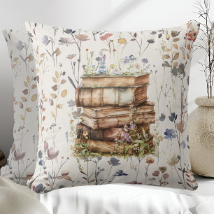 Aquarell New Chapter, Stapel wilder Blumenbücher Kissen