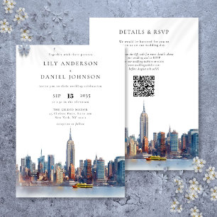 Aquarell New York Skyline QR Code Hochzeit Einladung
