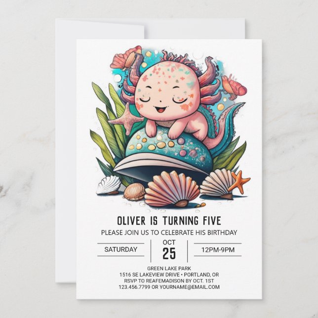 Aquarell Niedlich Axolotl Geburtstag Einladung (Vorderseite)