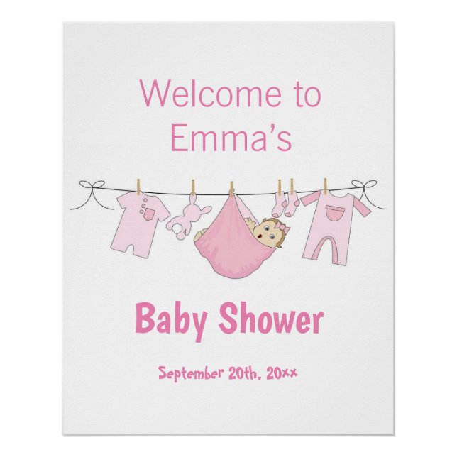Aquarell Niedlich Pink Girl Babydusche Willkommen Poster (Vorderseite)