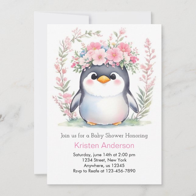 Aquarell Niedliche Pinguin Girl Babydusche Einladung (Vorderseite)
