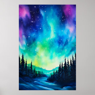 Aquarell Nordlichter aurora borealis Poster