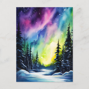 Aquarell Nordlichter aurora borealis  Postkarte