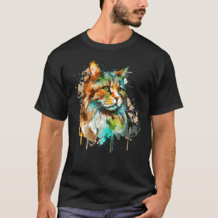 Aquarell Norwegische Waldkatze Farbige Langhaarkat T-Shirt