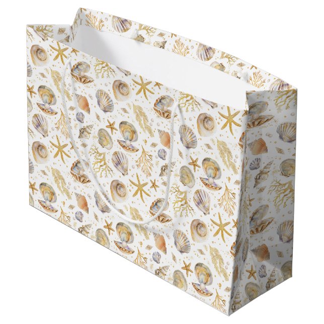 Aquarell Ocean Gold Seashell Baby Dusche Große Geschenktüte (Rückseite Schrägansicht)
