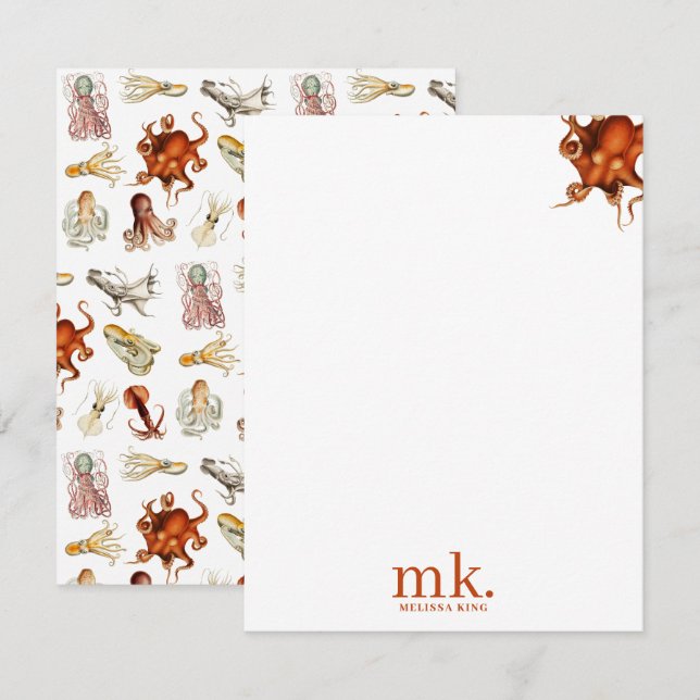 Aquarell Octopus Ocean Animes Muster Monogram Mitteilungskarte (Vorne/Hinten)