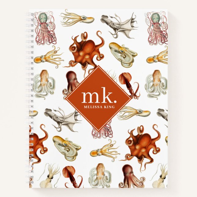 Aquarell Octopus Ocean Animes Muster Monogram Notizbuch (Vorderseite)