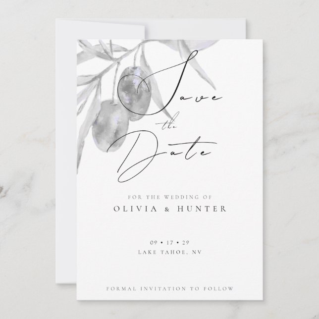Aquarell-Olivenzweig-Hochzeit-Sparen Sie das Datum Einladung (Vorderseite)