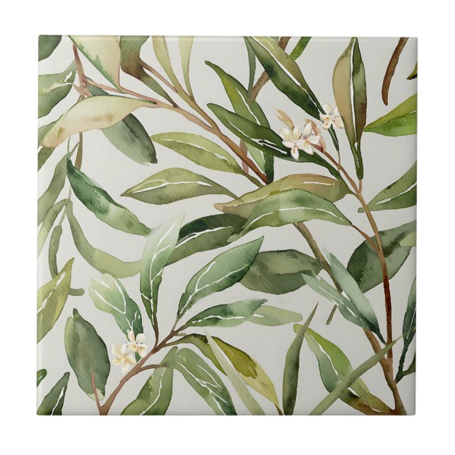 Aquarell Olivenzweige Botanik Fliese (Vorderseite)