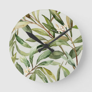Aquarell Olivenzweige Botanik Runde Wanduhr