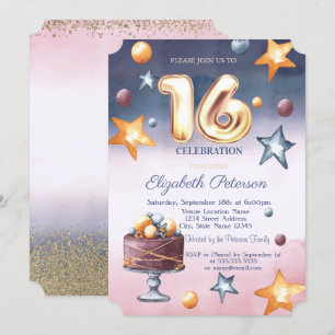 Aquarell Ombre Sterne Torte Diamanten Sweet 16 Einladung