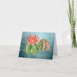 Aquarell Orange Blühender Kaktus Türkisblau Dankeskarte