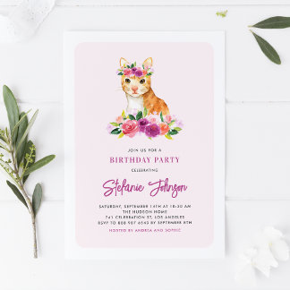 Aquarell Orange Cat Purple Blumen Geburtstag Einladung