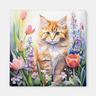 Aquarell Orange Kätzchen im Blumengarten Magnet