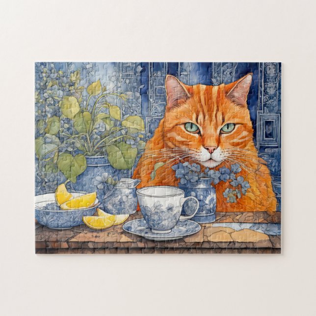 Aquarell Orange Katze mit Zitronentee (Horizontal)