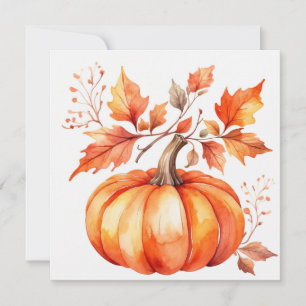 Aquarell Orange Kürbis und Herbstblätter  Karte