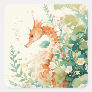 Aquarell Orange-Seepferdchen mit botanischem Riff Quadratischer Aufkleber