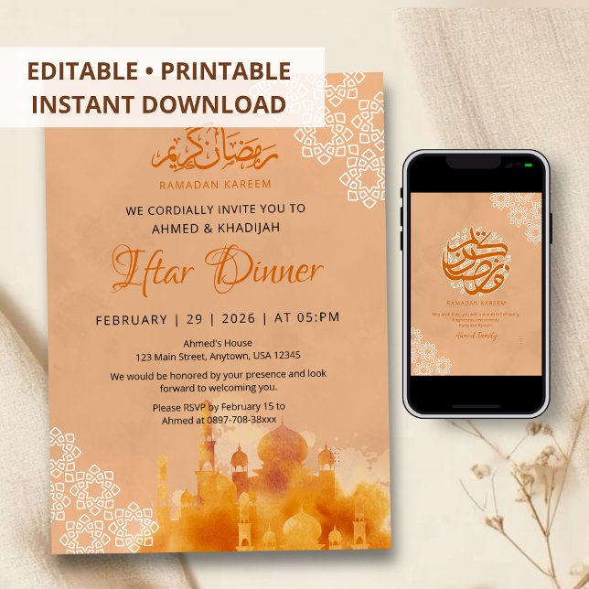 Aquarell Orange Sonnenuntergang Moschee Iftar-Aben Einladung (Von Creator hochgeladen)