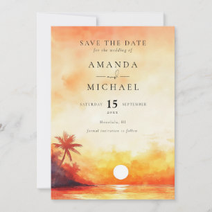Aquarell Orange Sonnenuntergang Palm Beach Hochzei Save The Date