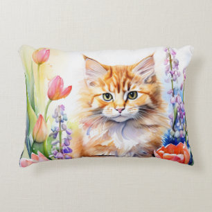 Aquarell Orange Tabby Kitty Cat Im Blumengarten Dekokissen
