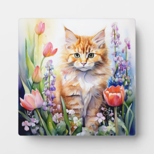Aquarell Orange Tabby Kitty Cat Im Blumengarten Fotoplatte