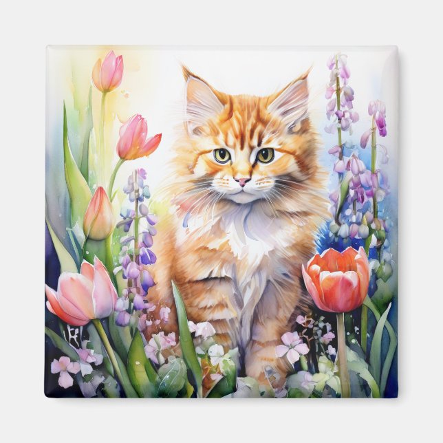 Aquarell Orange Tabby Kitty Cat Im Blumengarten Magnet (Vorne)