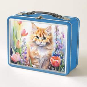 Aquarell Orange Tabby Kitty Cat Im Blumengarten Metall Brotdose