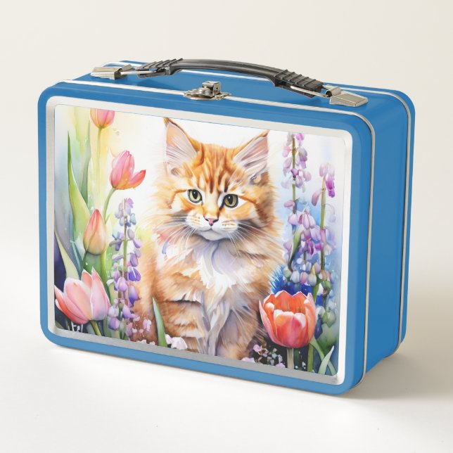 Aquarell Orange Tabby Kitty Cat Im Blumengarten Metall Brotdose (Vorderseite)