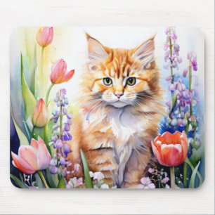 Aquarell Orange Tabby Kitty Cat Im Blumengarten Mousepad