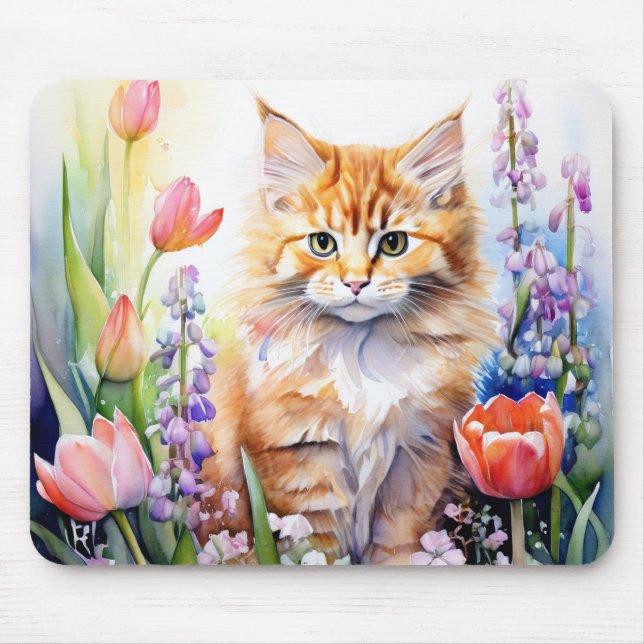 Aquarell Orange Tabby Kitty Cat Im Blumengarten Mousepad (Vorne)