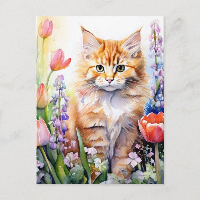 Aquarell Orange Tabby Kitty Cat Im Blumengarten Postkarte (Vorderseite)