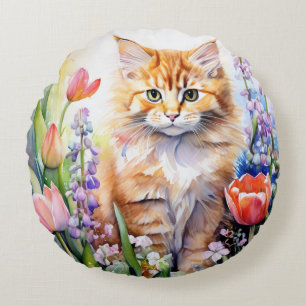 Aquarell Orange Tabby Kitty Cat Im Blumengarten Rundes Kissen