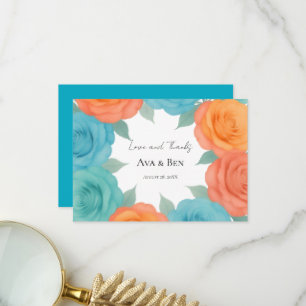 Aquarell Orange und Türkis Rosen Hochzeit Dankeskarte