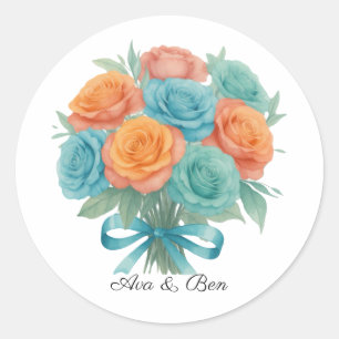 Aquarell Orange und Türkis Rosen Hochzeit Runder Aufkleber