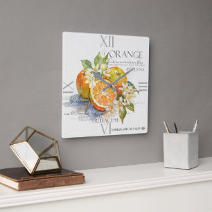 Aquarell Orange-Zitrusfrucht mit Blüten Quadratische Wanduhr