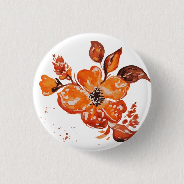 Aquarell orangefarbene Blumen Button (Vorderseite)