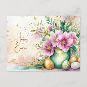 Aquarell Oster Postkarte mit Ostereiern und Blumen