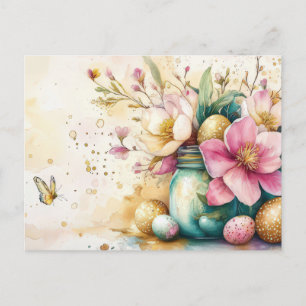 Aquarell Oster Postkarte mit Ostereiern und Blumen